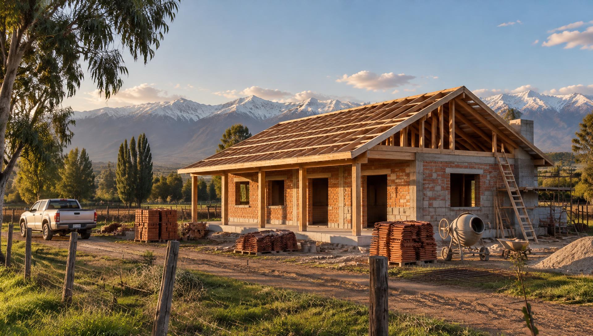 Casa campestre chilena en construcción con la cordillera de los Andes al fondo